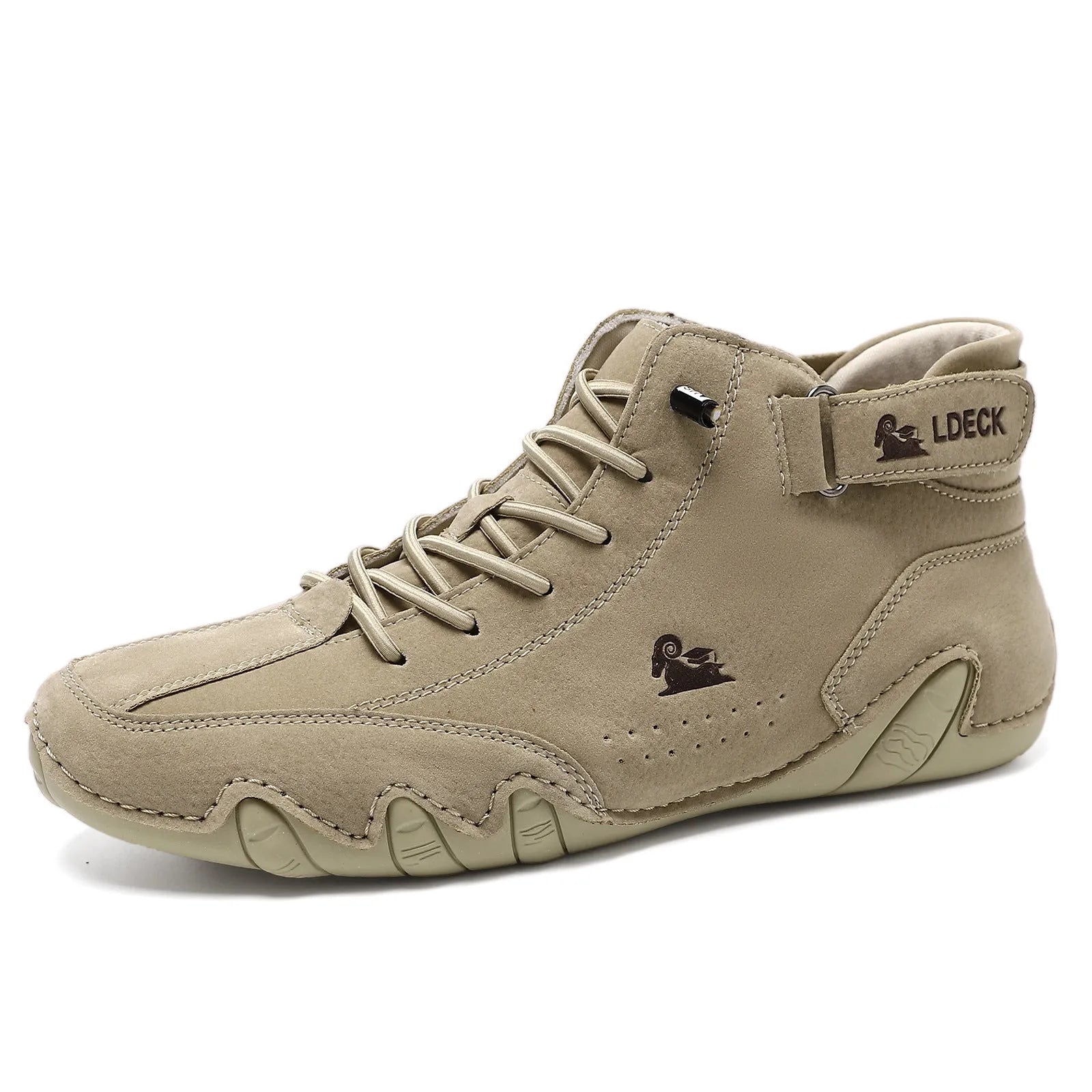 Men's khaki high-top octopus boots with microfiber upper and rubber sole shown on a white background