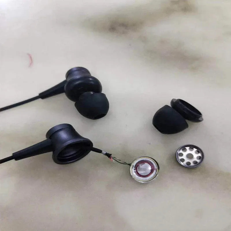 Piston in-ear wired headphones with 3.5mm plug in black, blue, and red colour options