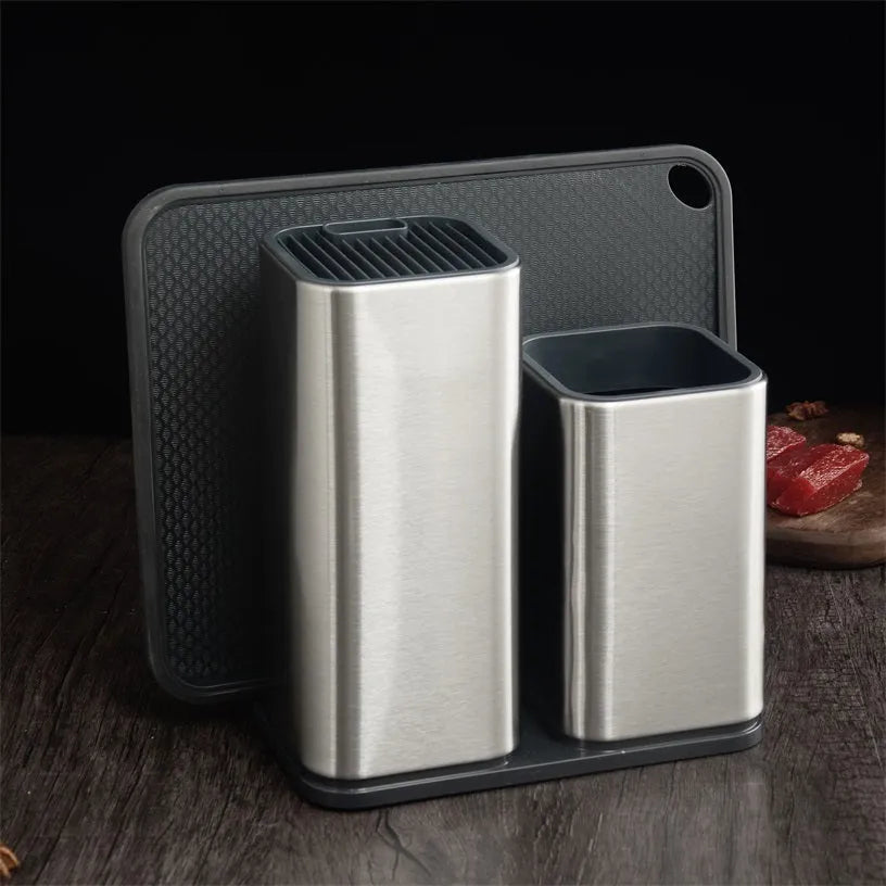 Stainless steel kitchen tool holder with 8 inch knife organiser and detachable storage bucket in black colour