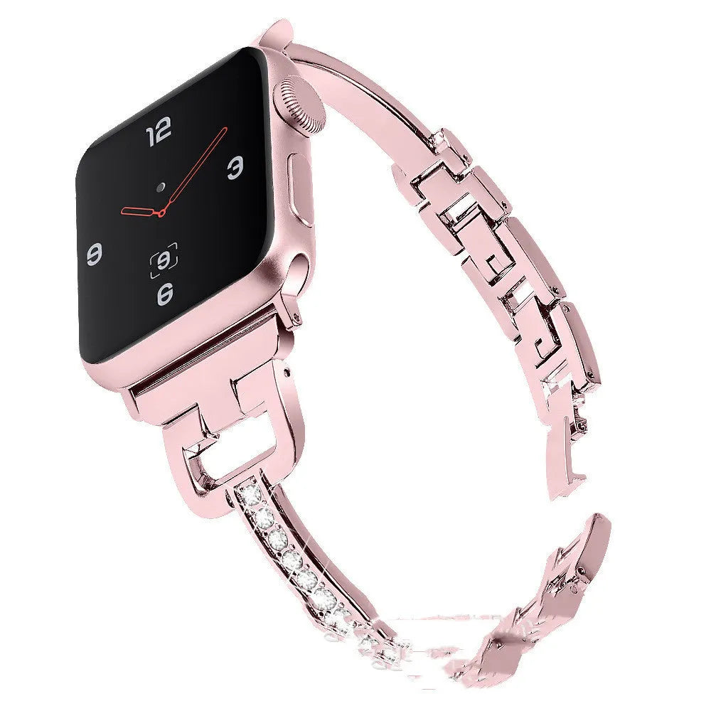 Apple Watch metal band with diamond detailing and D-shaped buckle in multiple colour options.