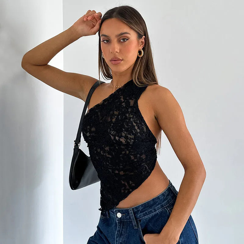 Women's lace backless sleeveless polyester vest top with asymmetrical neckline in solid colour