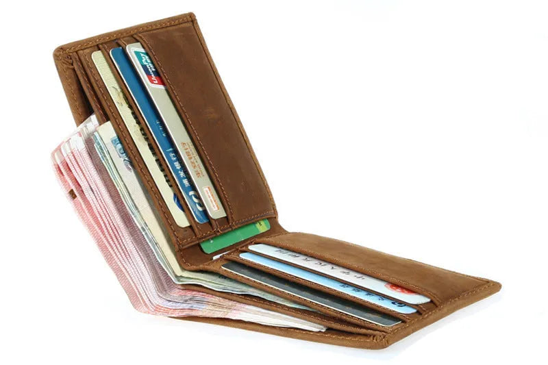 Brown frosted leather short wallet with two-fold design, card slots, and hidden compartment on black background