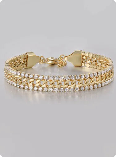 Gold tennis bracelet for men and women with titanium steel construction and gemstone inlays.