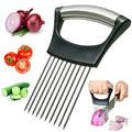 Stainless steel onion and tomato slicer holder with ABS handle on a kitchen counter
