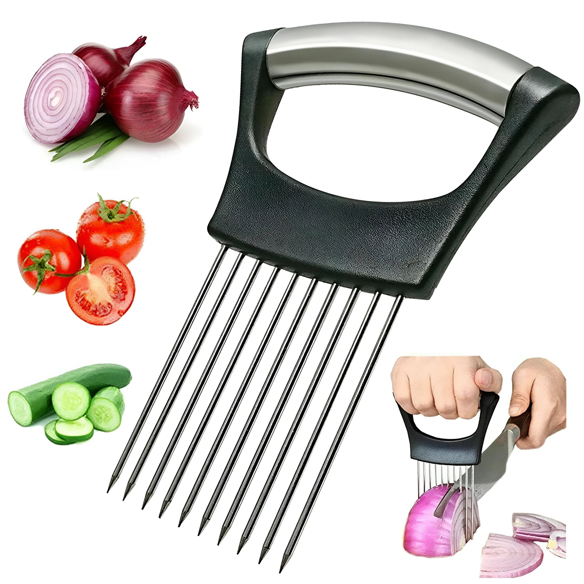 Stainless steel onion and tomato slicer holder with ABS handle on a kitchen counter
