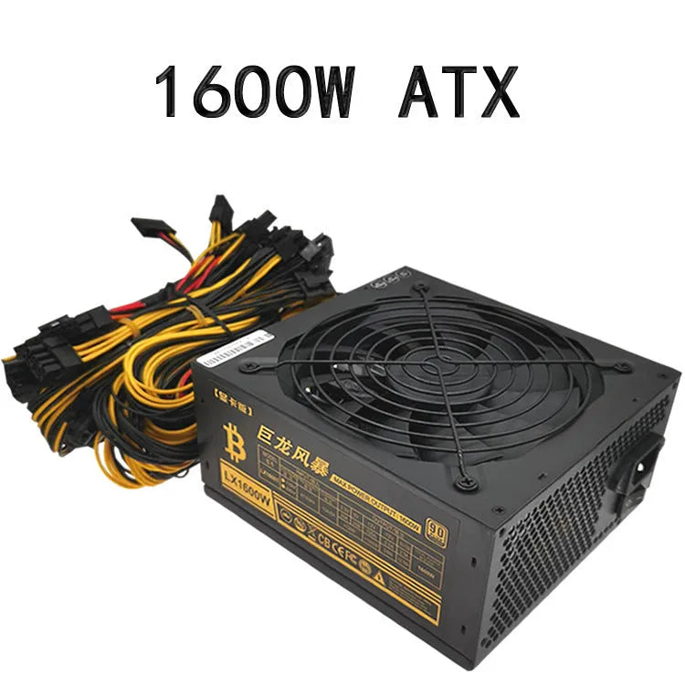 Black full voltage 110V server power supply unit with visible connectors including 4+4 CPU and multiple 6+2 pin GPU interfaces.