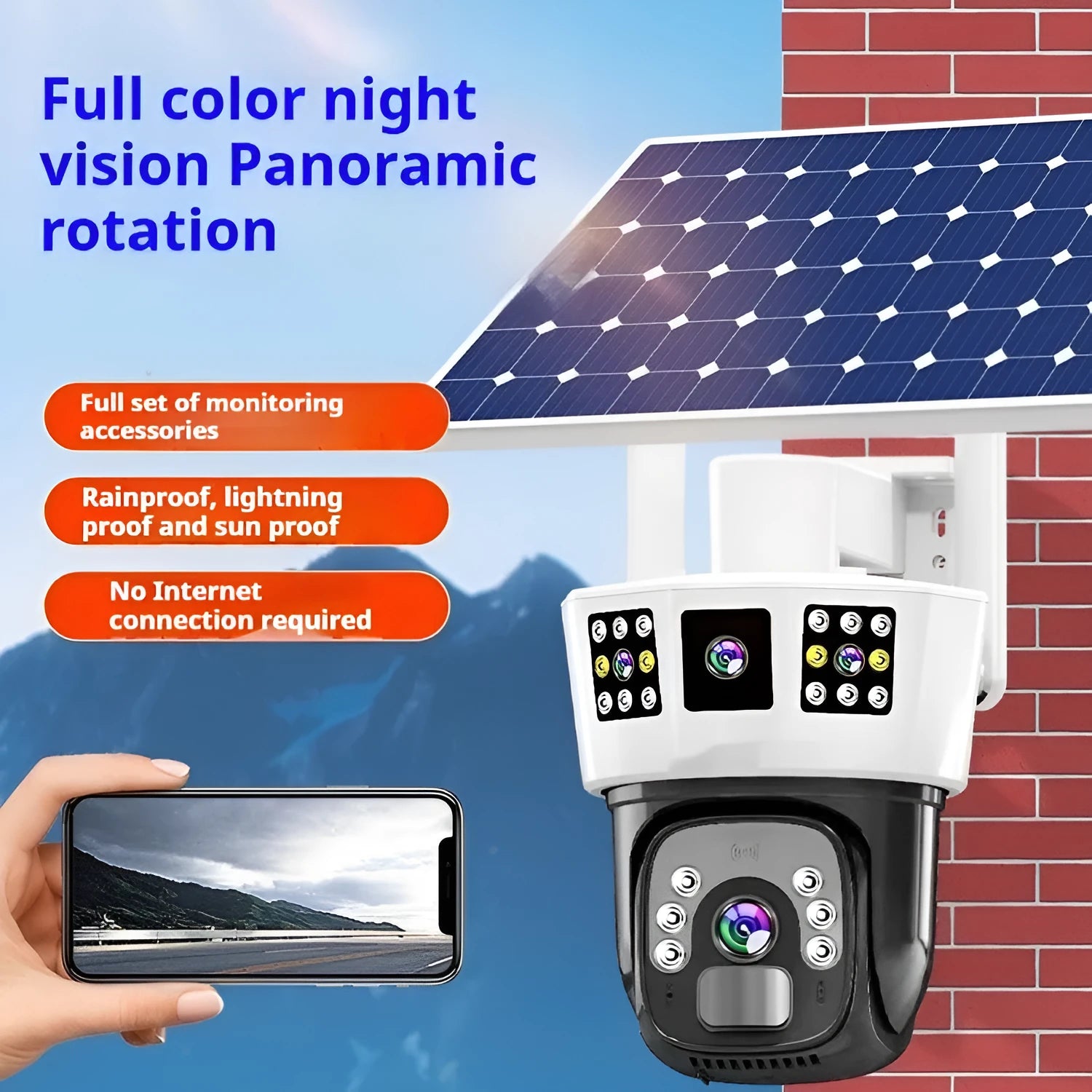 Solar-powered wireless surveillance camera with three-screen monitoring capability