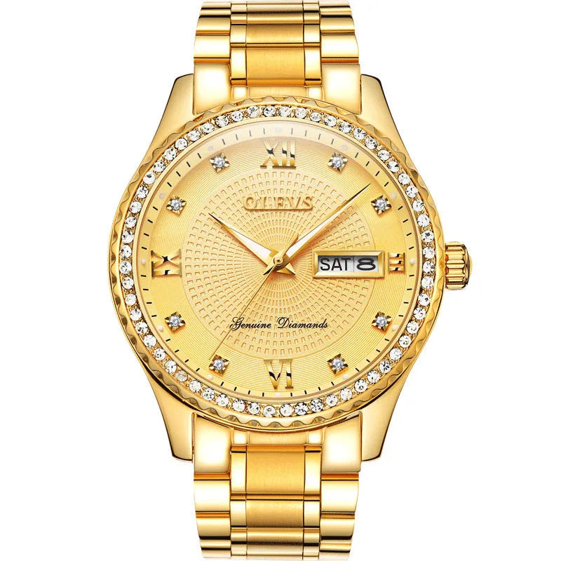 Men's 40mm quartz watch with luminous display, calendar, week indicator, stainless steel strap, round alloy case