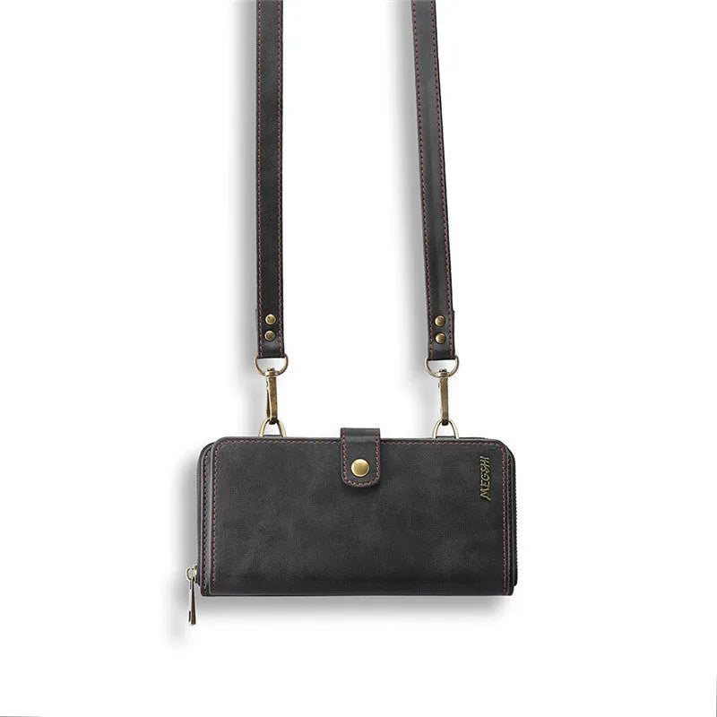 Black detachable magnetic wallet phone case for iPhone and Samsung Galaxy Note models on a table.