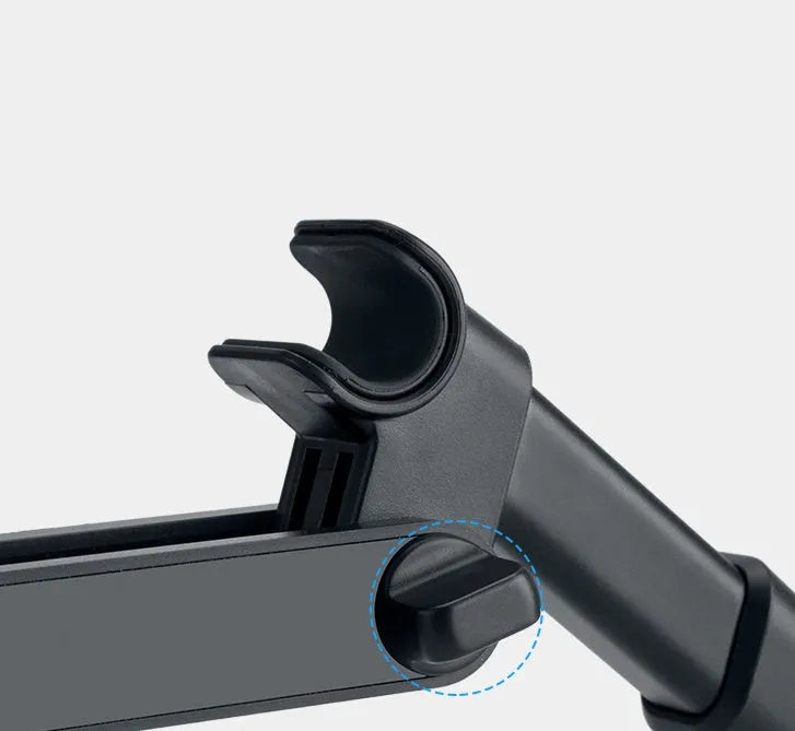 Black universal car phone and tablet holder with adjustable clamp mounted on vehicle rear seat