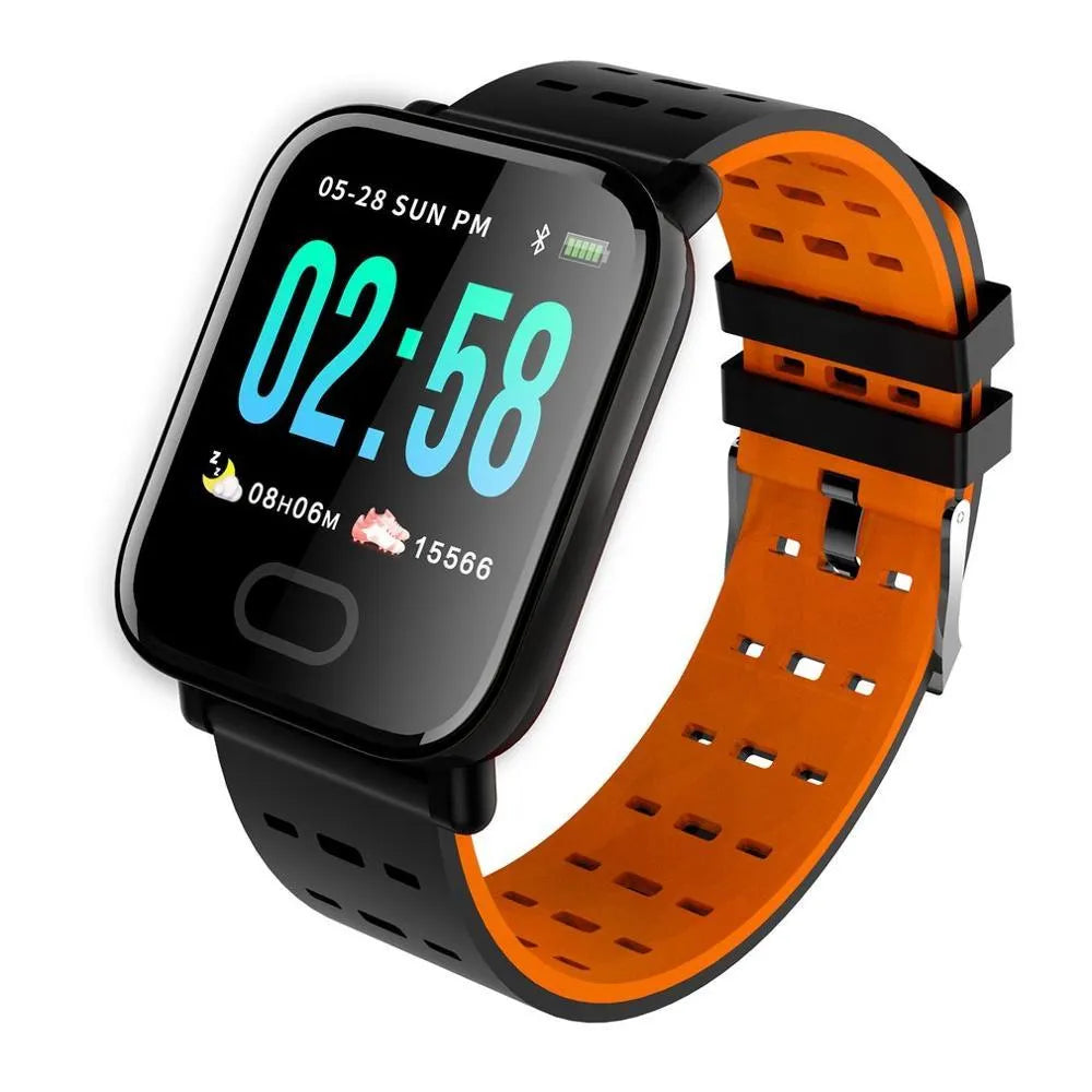 A6 colour screen smart bracelet in black, blue or orange with zinc alloy body and silicone strap