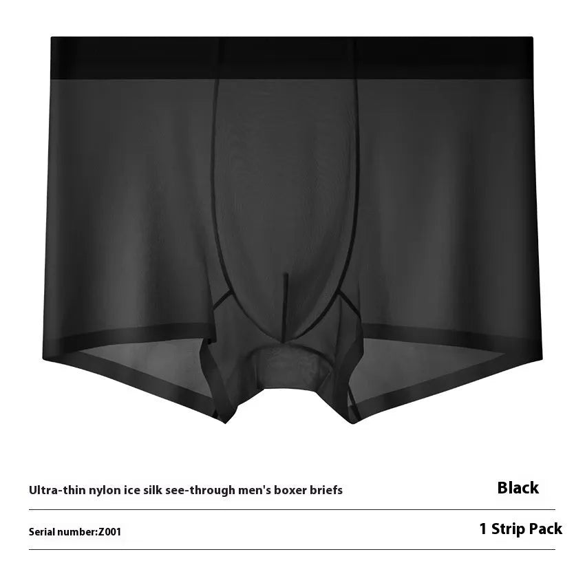 Seamless Ice Silk men's boxer briefs in white, shown flat to highlight traceless construction.