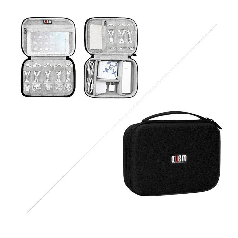 Simple modern black EVA digital storage bag for headphones and cables on a desktop