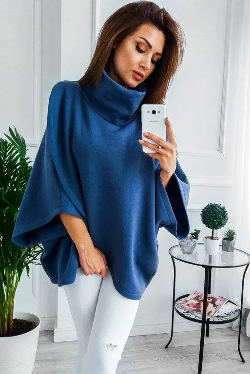 Women's longline bat-sleeve cardigan sweatshirt in grey with three-button placket and stitching detail.