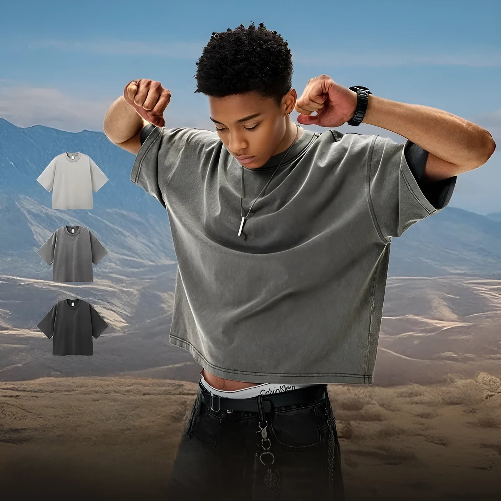 Men's vintage-style cotton t-shirt in khaki light colour with loose fit and drop-shoulder sleeves