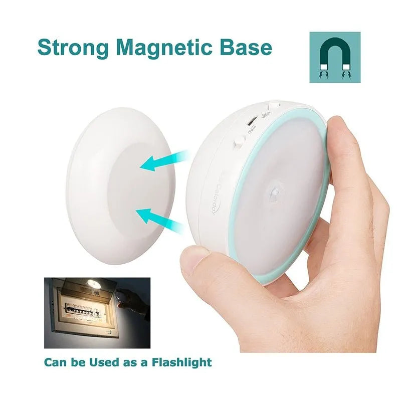 White 360-degree rotating LED human body induction night light with motion sensor, 8.6cm diameter, on a flat surface