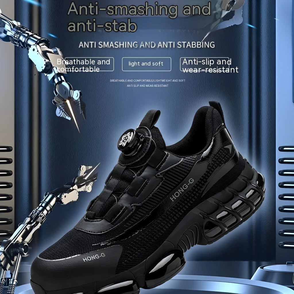 Lightweight low-top work safety shoe with a Flyweave upper, front lacing, and a steel toe cap.
