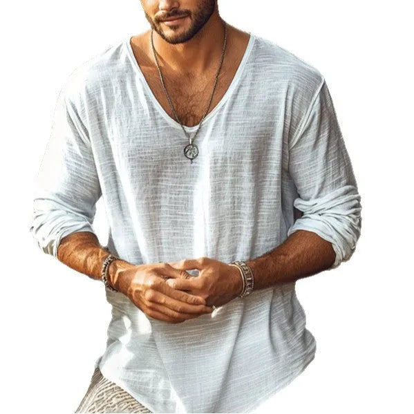 Beige long-sleeved slim-fit V-neck t-shirt made from a hemp blend fabric on a hanger.