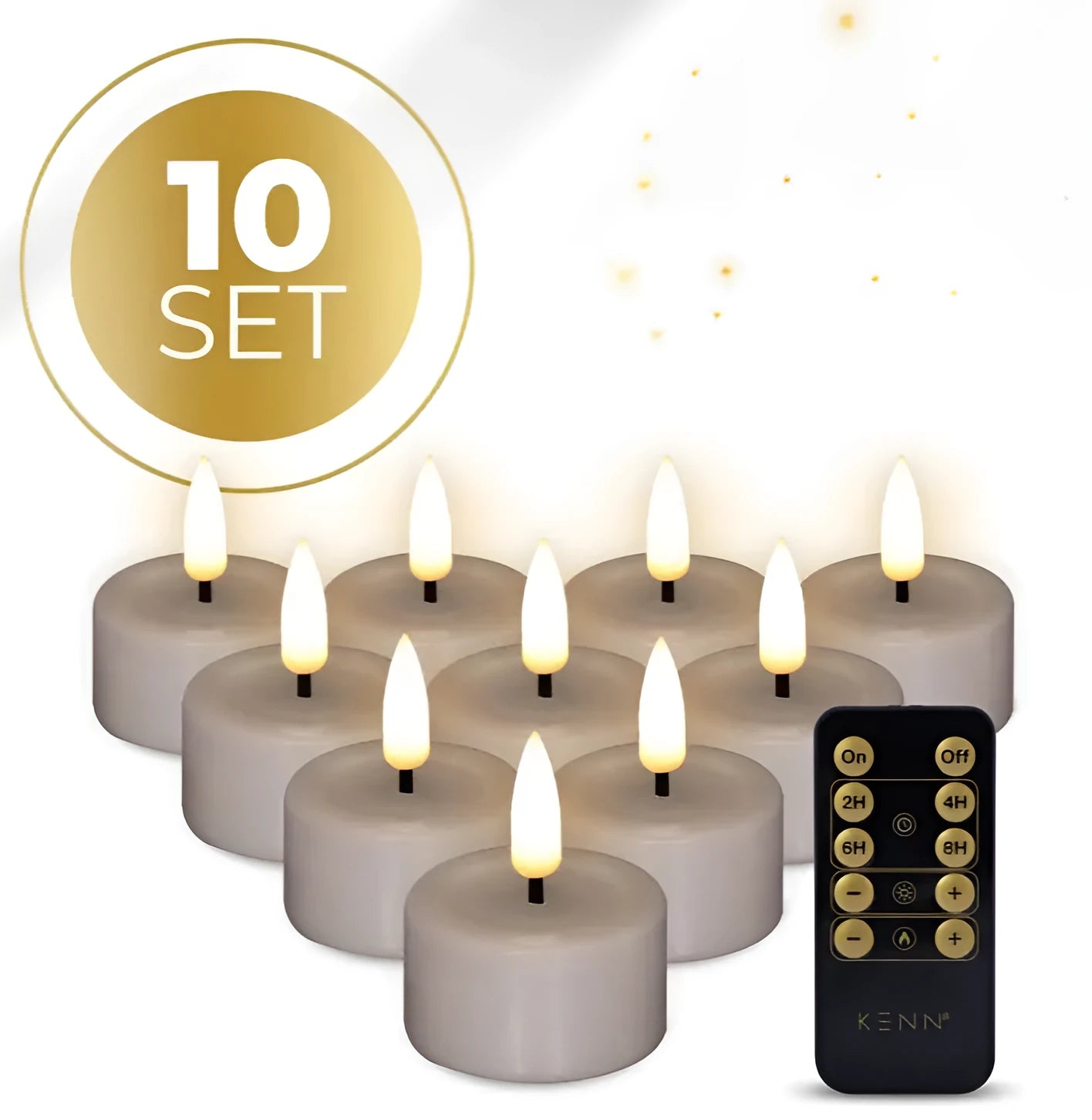 Taupe LED tealight candle with 3D flame effect measuring 4.1cm diameter by 5cm height