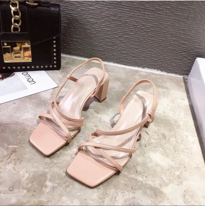Women's white thick heel super high sandals over 8cm with back empty design and rubber sole.
