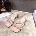 Women's white thick heel super high sandals over 8cm with back empty design and rubber sole.