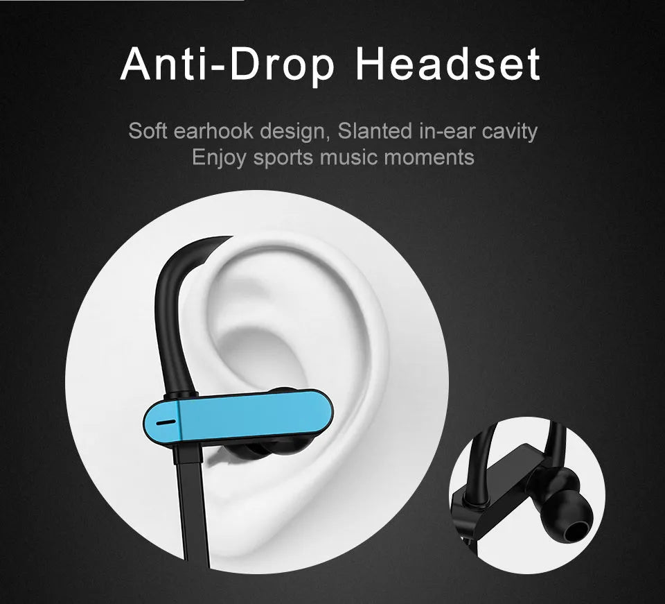 Sport running ear hook earbuds with microphone in black blue colour, showing flexible over-ear hook design.
