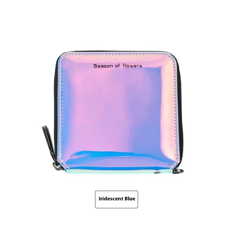 Women's short folding Korean-style wallet in glitter blue or green colours showing 11cm dimensions