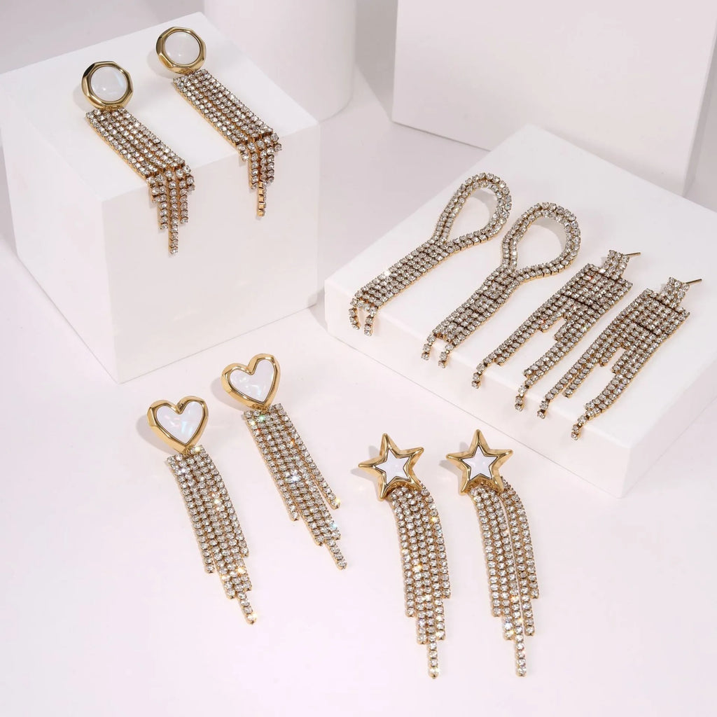 Women's stainless steel earrings with diamond tassel and heart or star shapes, 18K electroplated finish