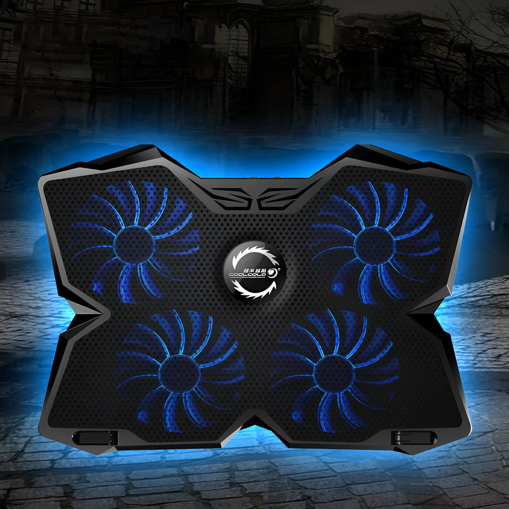 Blue laptop cooling base with four illuminated fans and manual speed controls