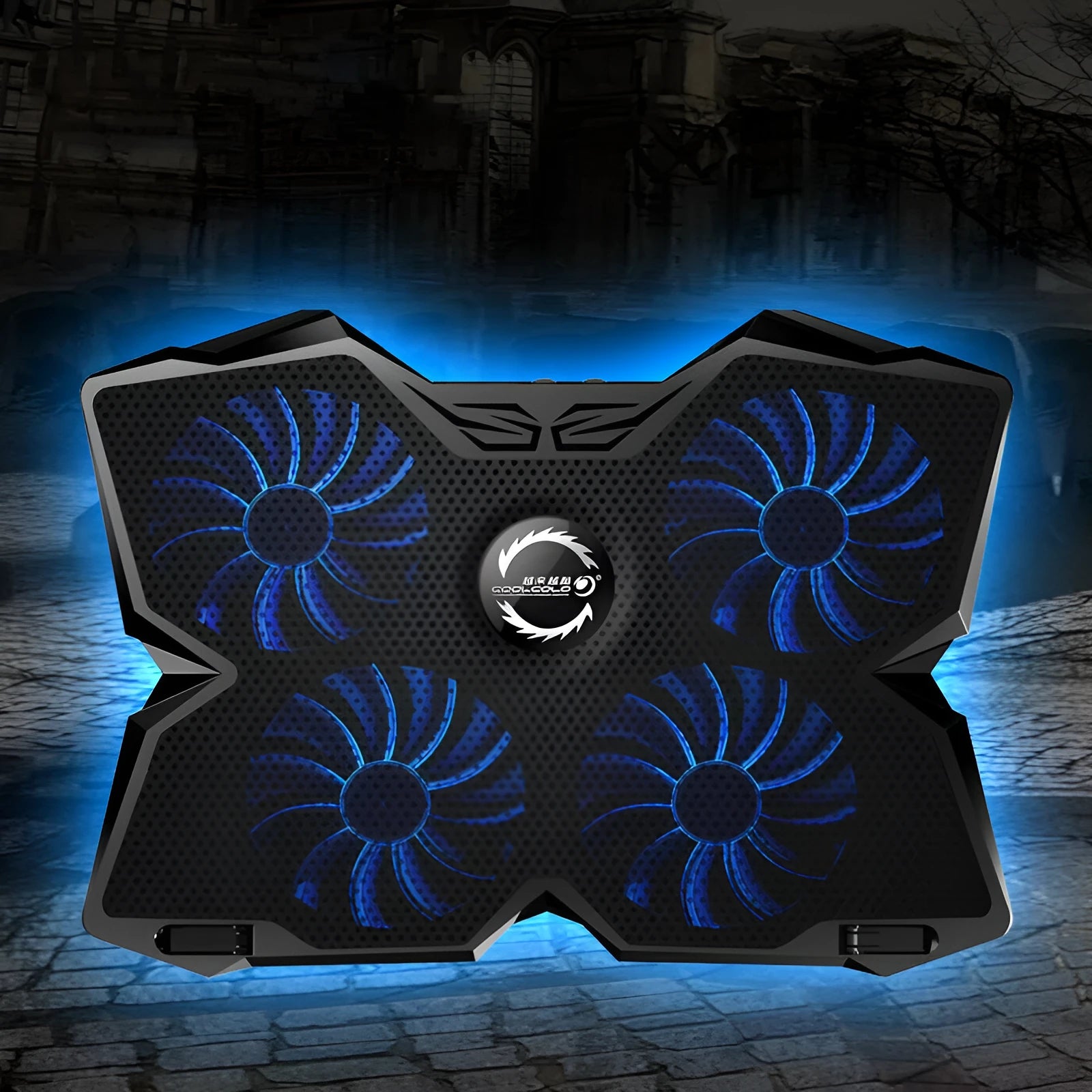Blue laptop cooling base with four illuminated fans and manual speed controls