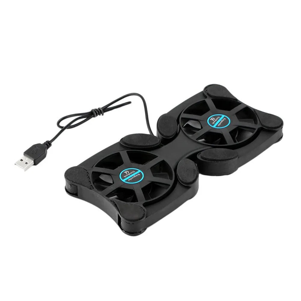 Portable folding black laptop cooling pad with two 70mm fans and USB cable on a desk