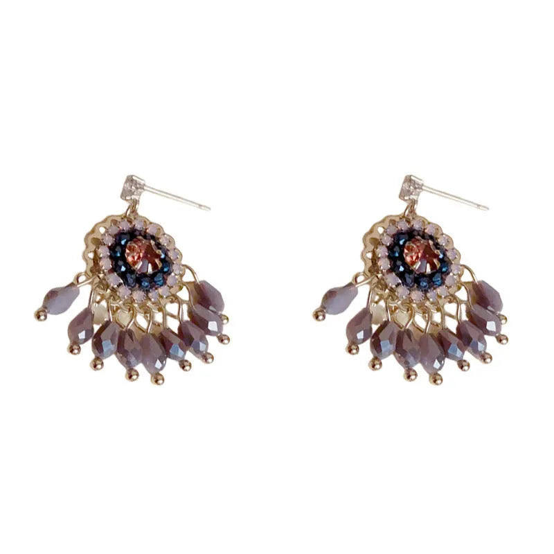Diamond embedded round crystal tassel earrings in thick gold plated copper, geometric line style for women