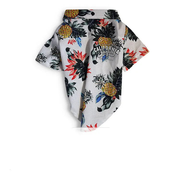 Hawaiian dog style shirt in cotton with multicolor print on a white background, sizes XS to XXL
