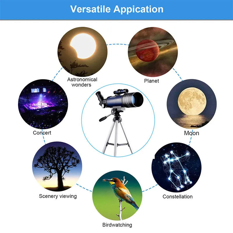 70mm refractor telescope in dark blue with finder scope and two eyepieces for moon watching