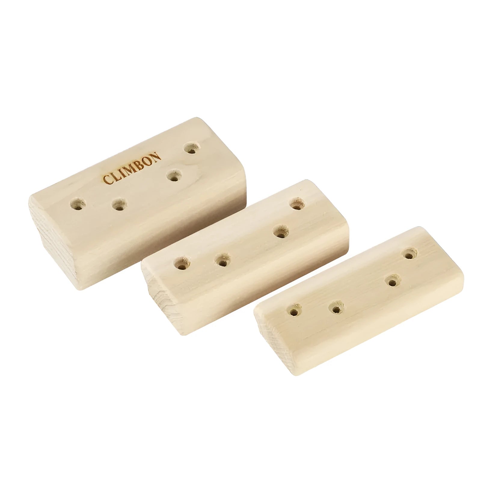 Set of three solid wooden finger grip training boards in different sizes on a white background.