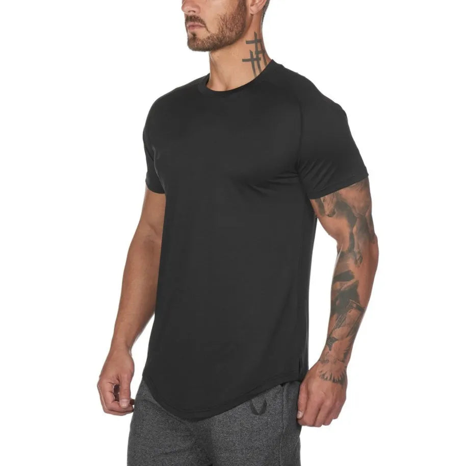 Men's custom plain gym shirt in cotton spandex blend with optional letter print, shown in multiple colour options.