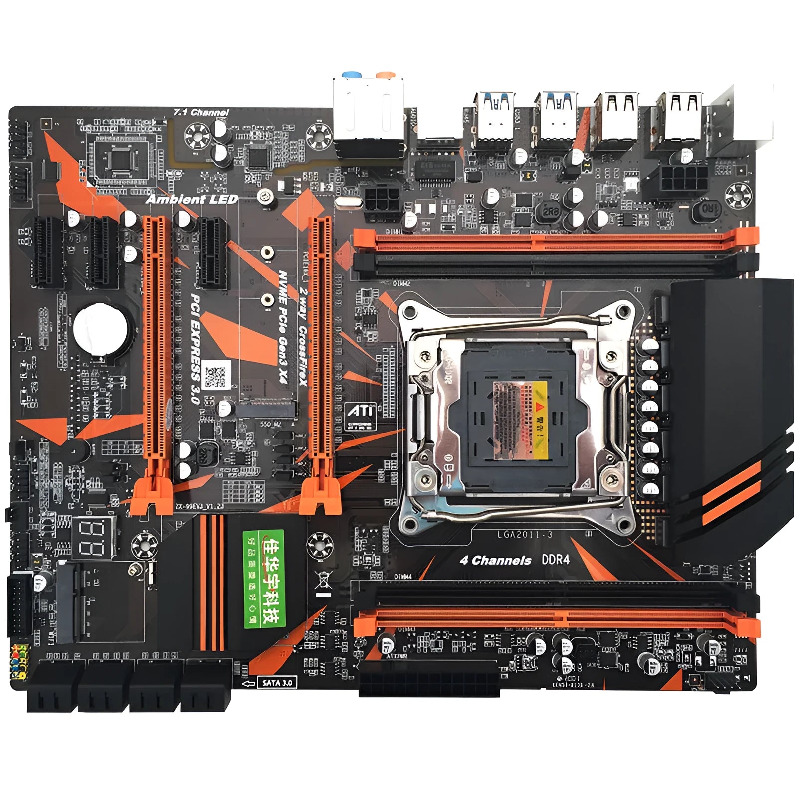 Black X99 computer motherboard with LGA2011-3 socket, four DDR4 slots, PCI-E expansion slots, and heat sinks