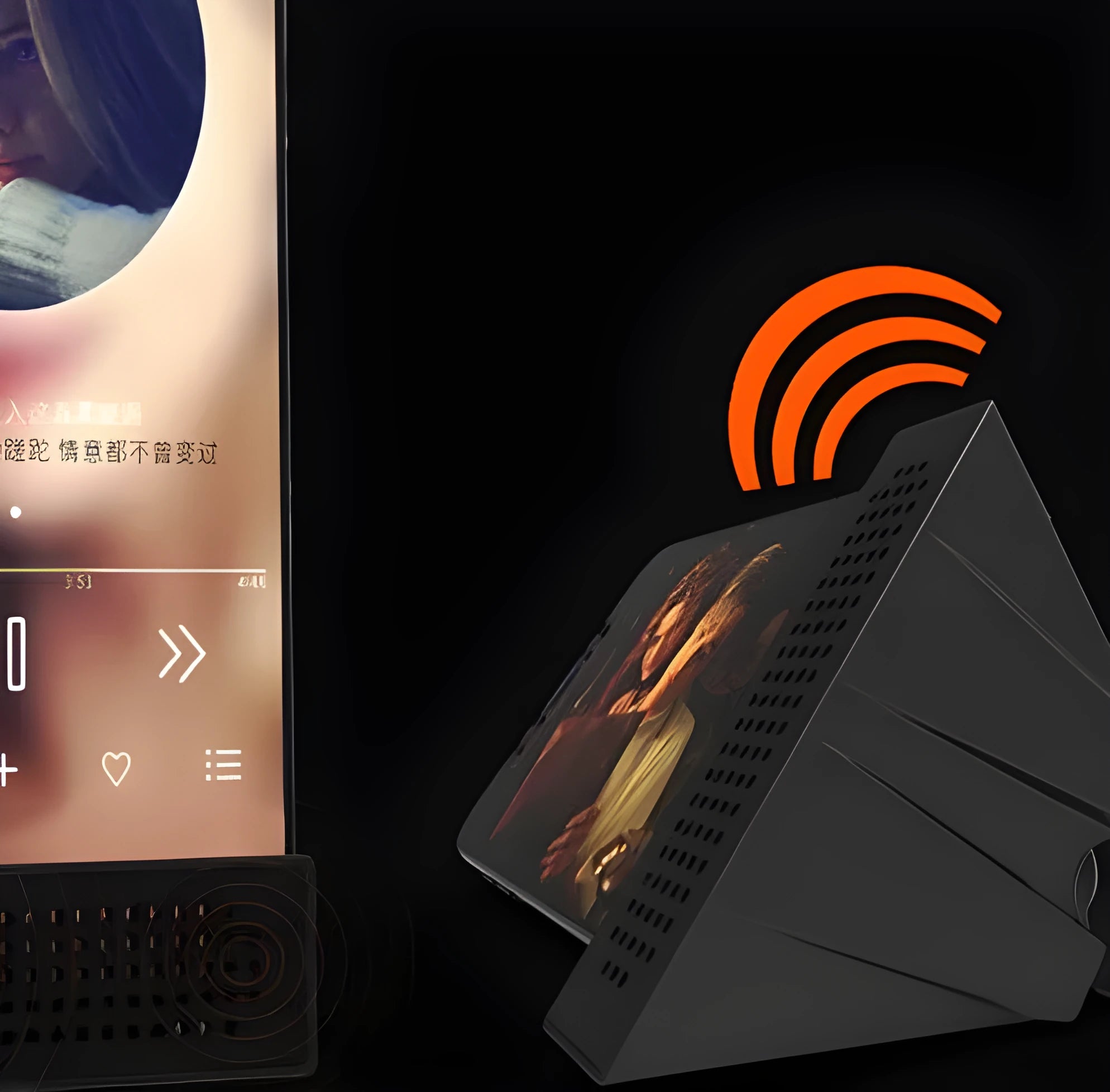 Portable black ABS mobile phone amplifier bracket holding an iPhone on a desk.