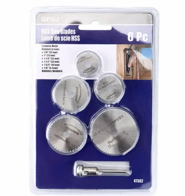 Set of six small circular saw blades with high-speed steel teeth and a 15mm centre hole