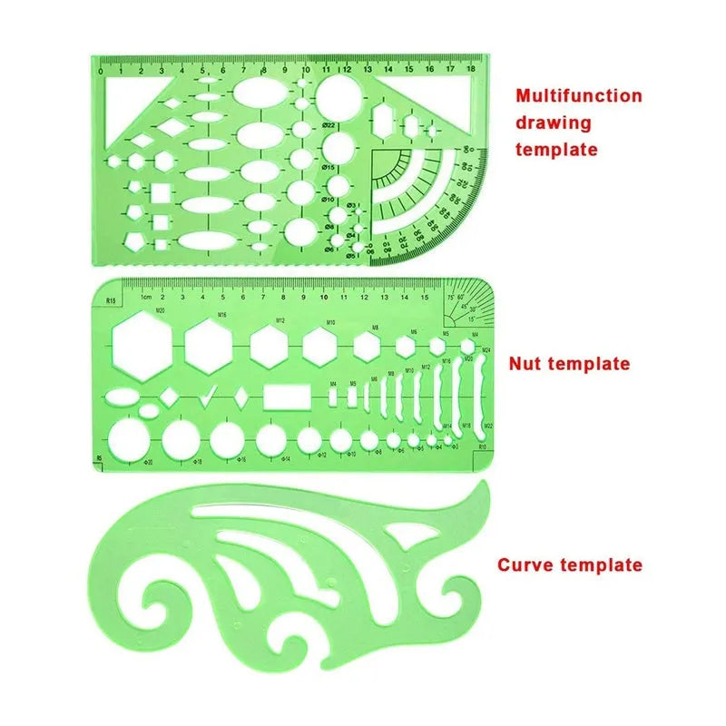 Set of 11 clear green plastic geometric drawing templates with poly zipper envelope