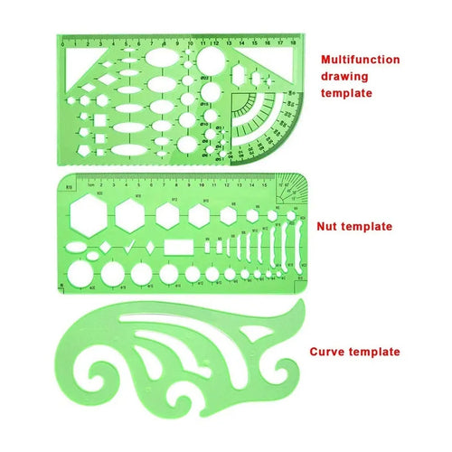 Set of 11 clear green plastic geometric drawing templates with poly zipper envelope