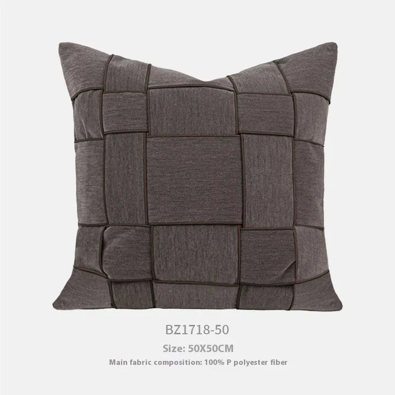 Square 50x50cm chenille woven decorative pillow in beige colour with textured fabric.