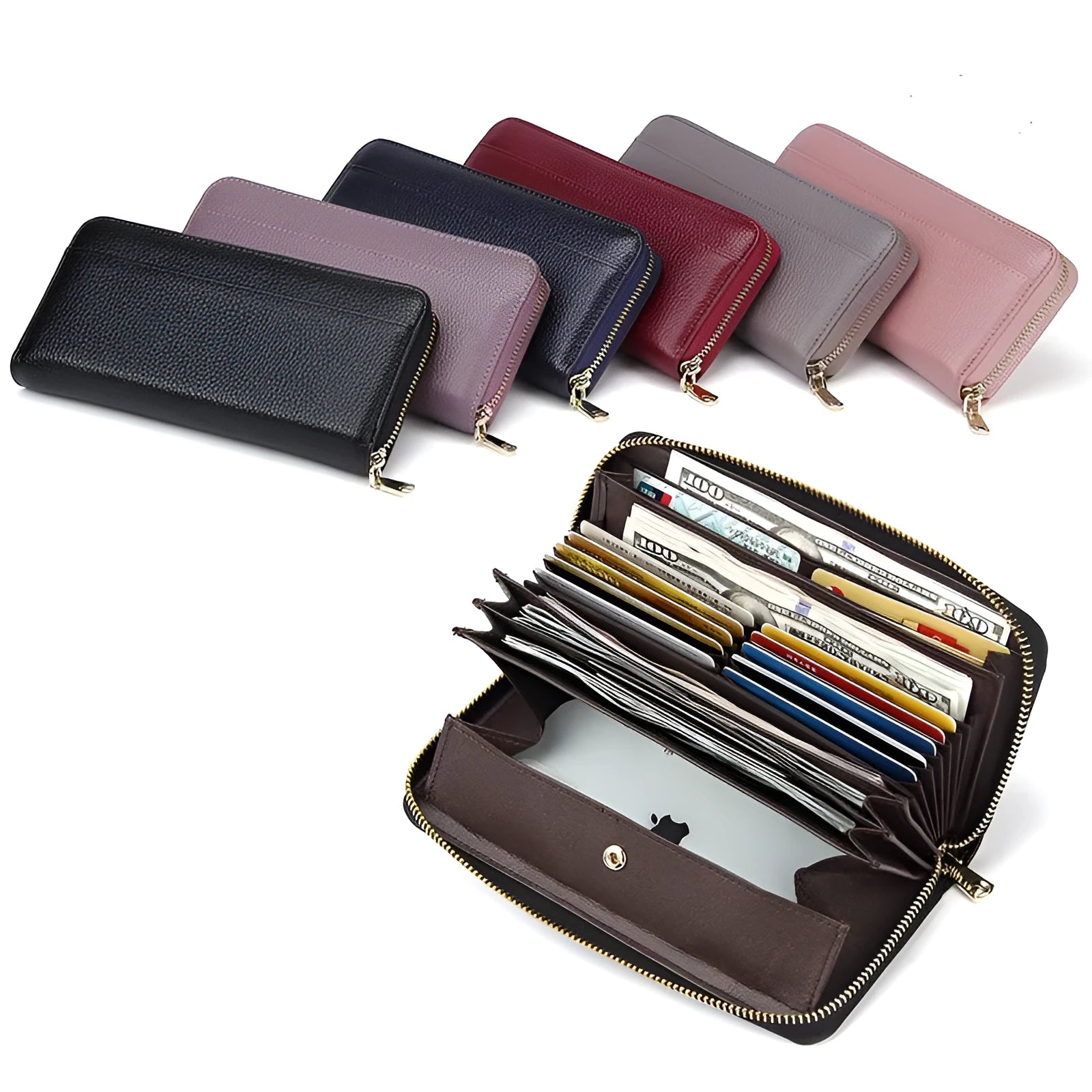 Genuine leather long wallet for women in multiple colours with large capacity and anti-theft card slots.
