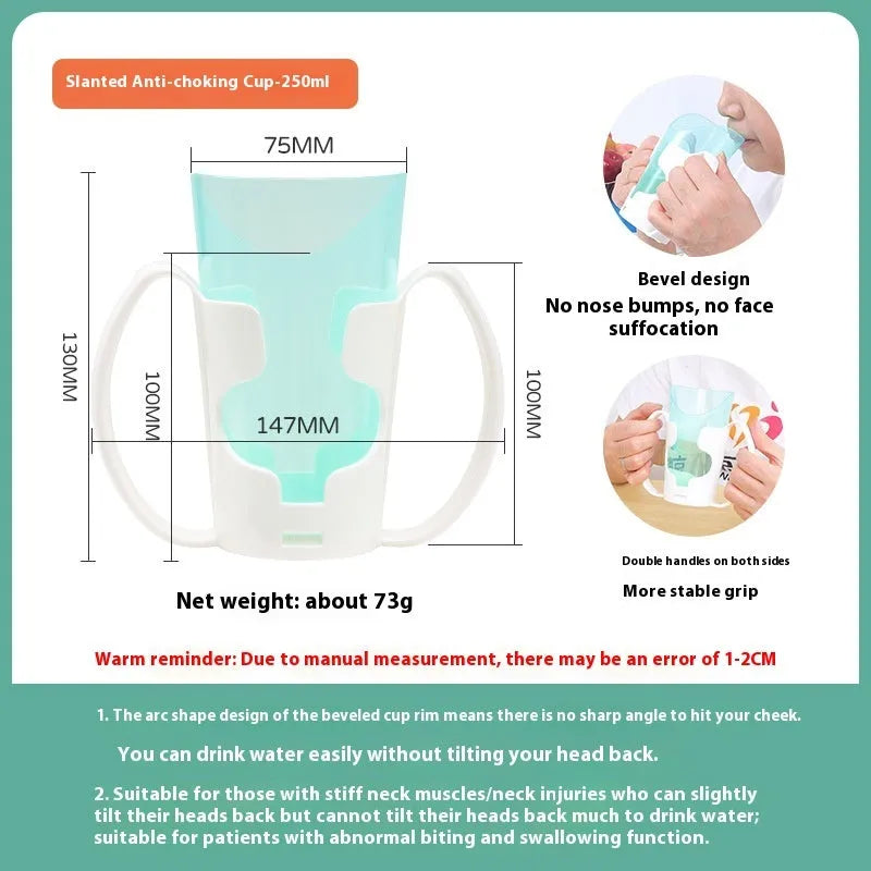 Adult bed drinking cup with oblique anti-choke mouth design and optional wrist splint attachment