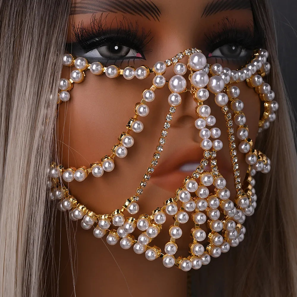 Geometric alloy festival mask with rhinestone patchwork in silver metallic finish