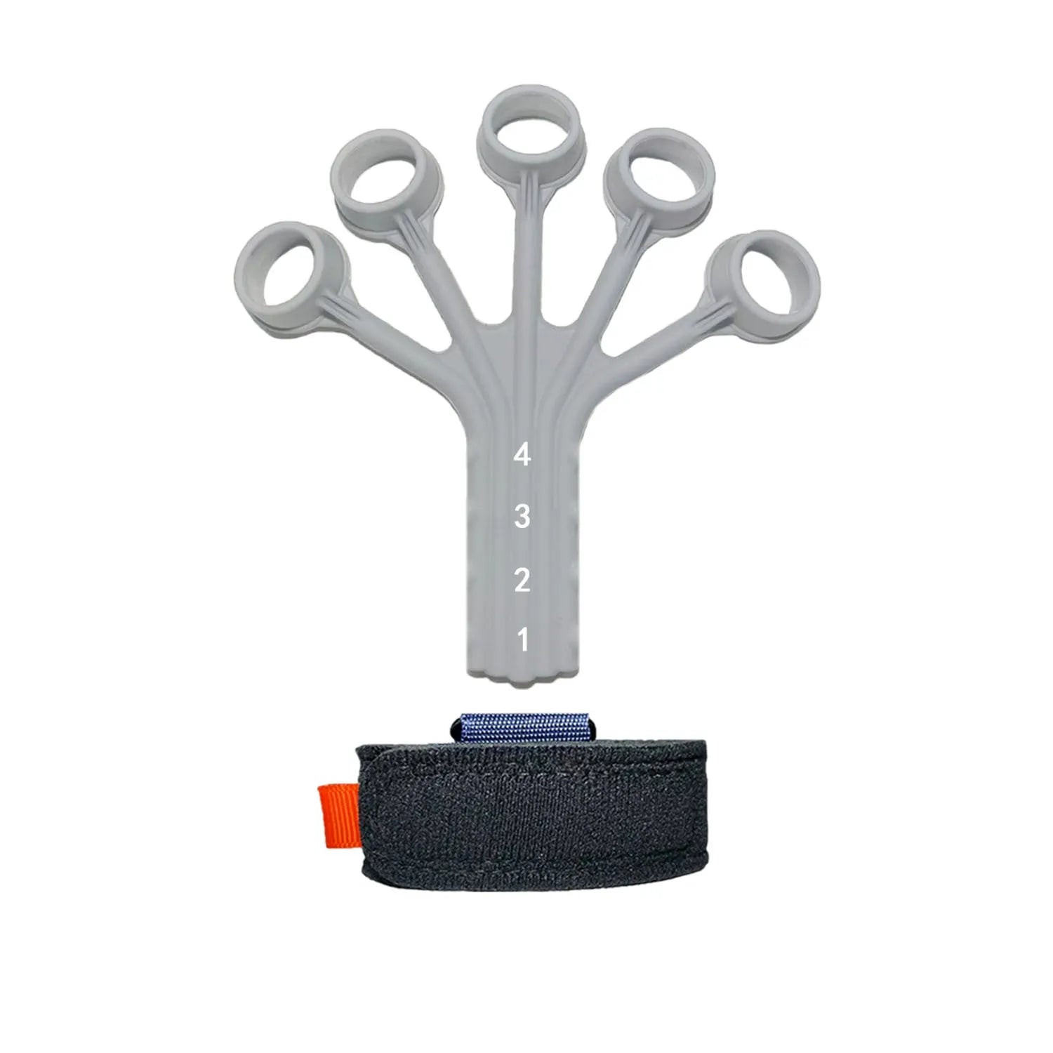 Black and grey silicone finger flexion extension trainer with adjusting belt