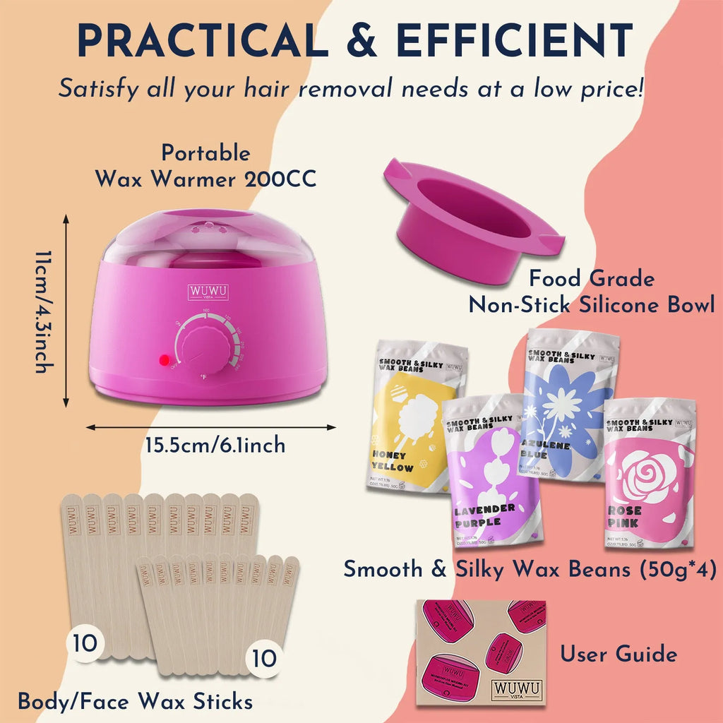 27-piece hair removal wax kit with wax machine, four colour wax beads, and wax sticks