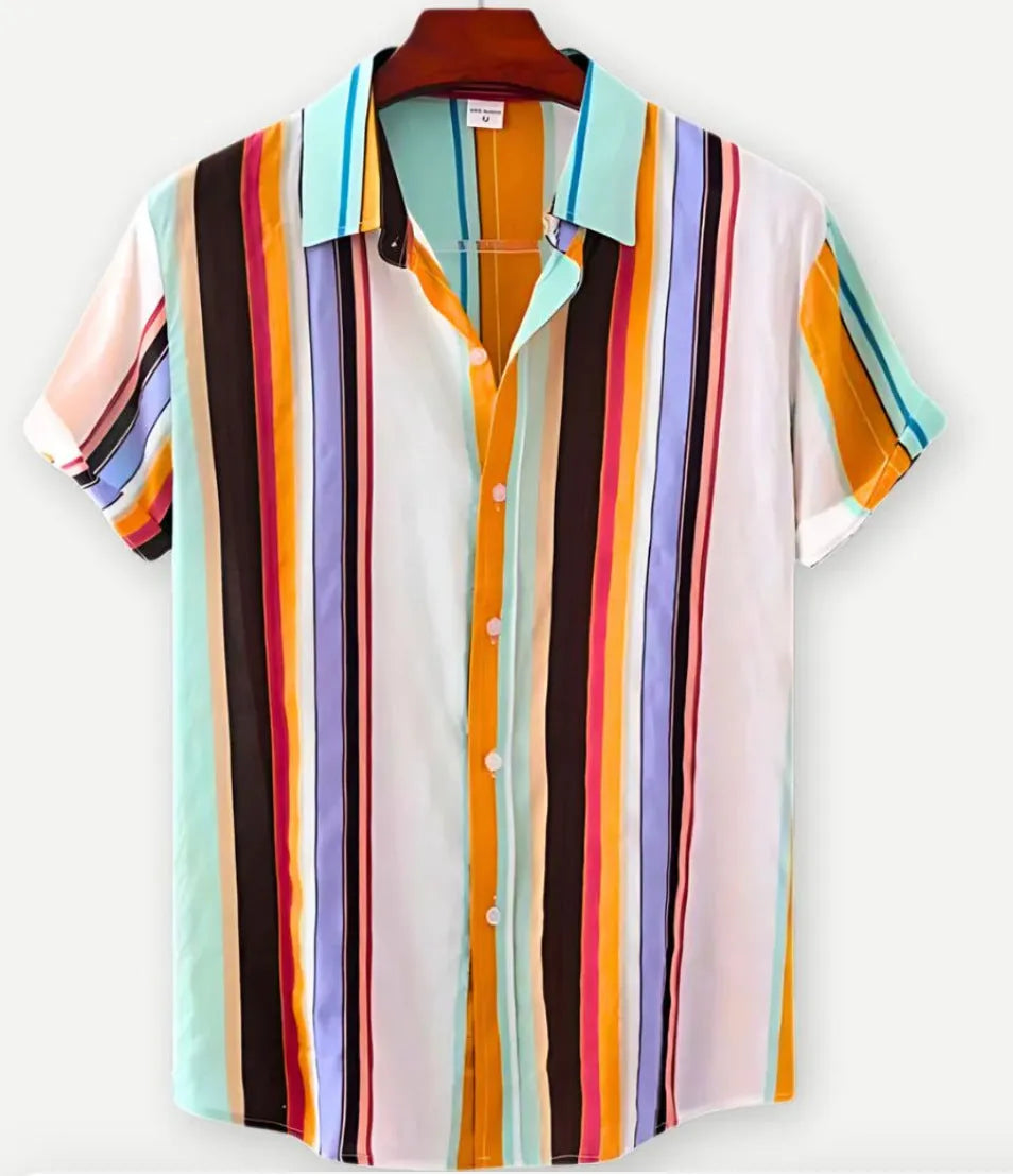 Man wearing a short sleeve floral Hawaiian shirt with lapel collar, made from elastic polyester fabric.