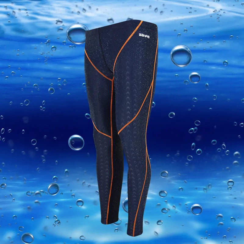 Men's nylon swimming trunks in cropped brief style with colour accent lines