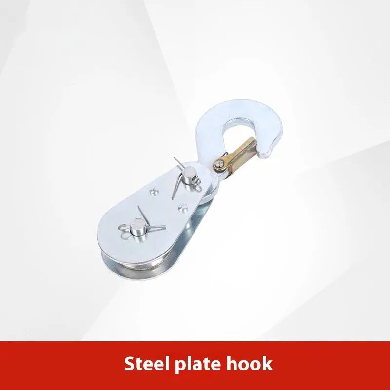Red industrial lifting pulley with a forged steel safety hook and single wire rope wheel.